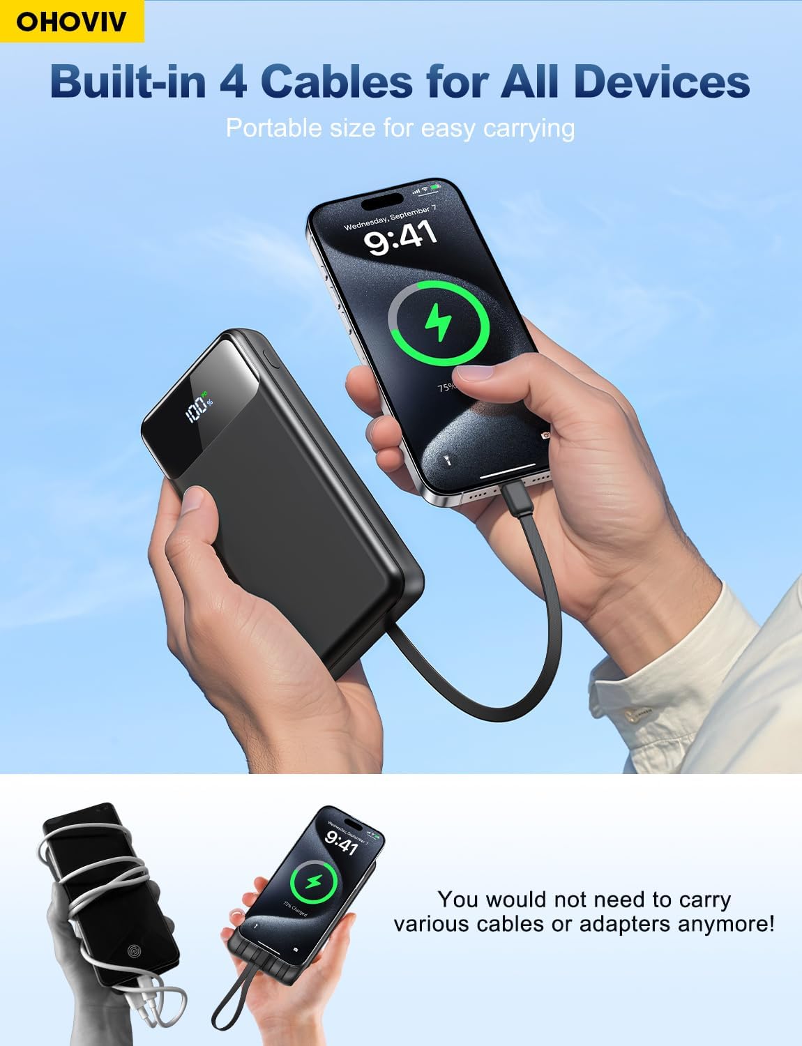 OHOVIV Portable Charger Power Bank 50000mAh,4 Built-in Cables Battery Pack - Image 5
