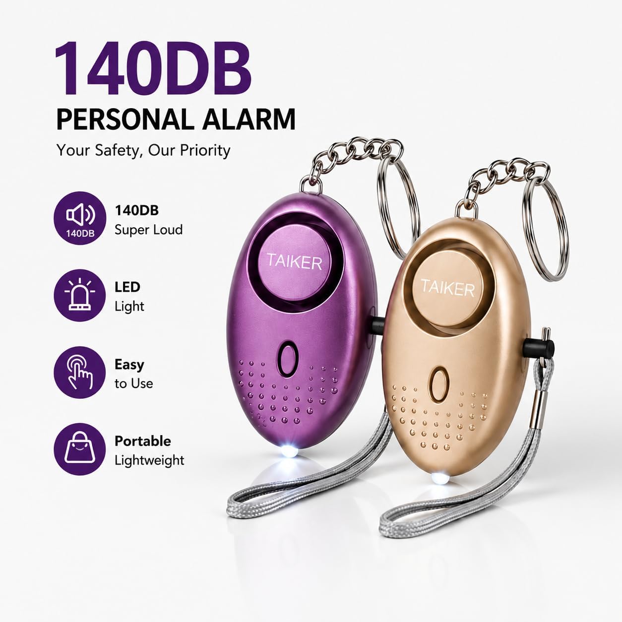 Personal Alarm for Women, 2Pcs 140dB Self Defense Keychain LED Light - Image 2